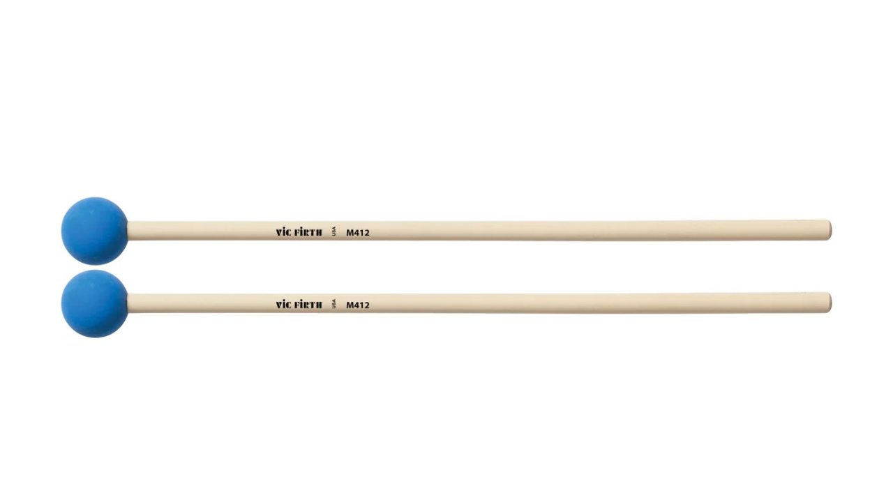Vic Firth Articulate Series medium synthetic keyboard mallets with round heads and rattan handles for marimba and percussion instruments.