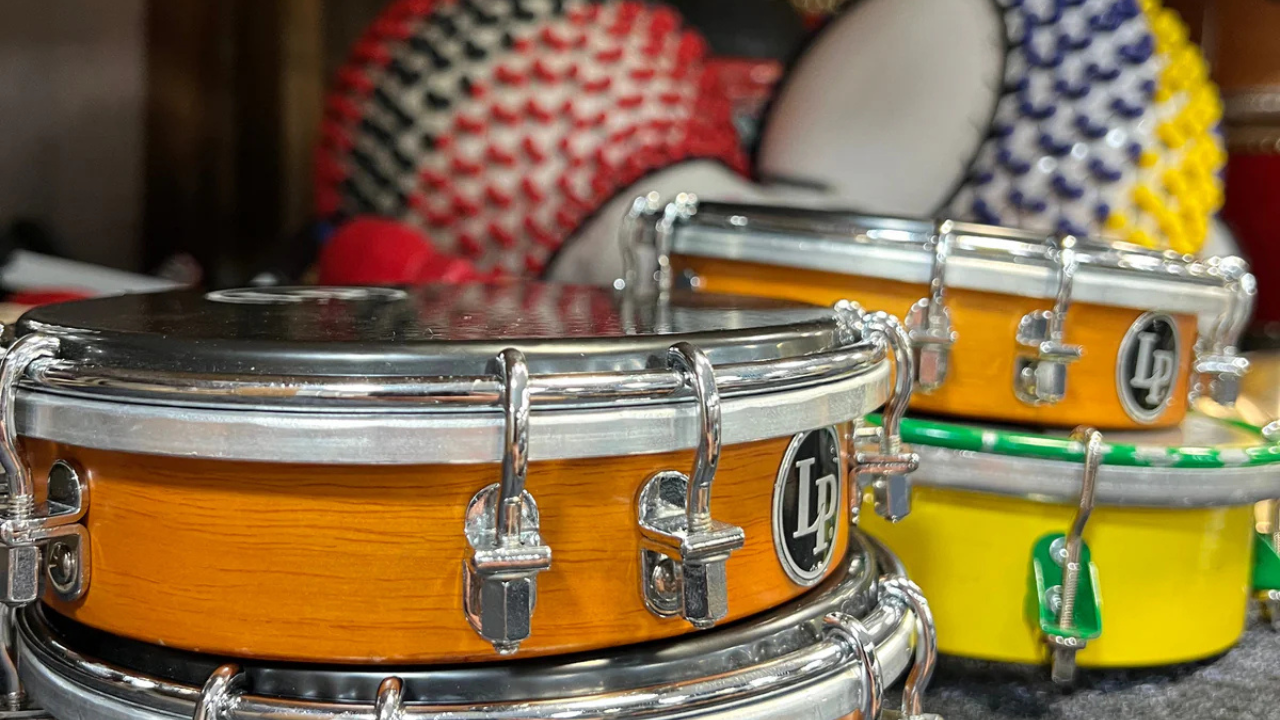 Pearl and Latin Percussion Tamborim and Shekere stored for Samba Batucada Rehearsal