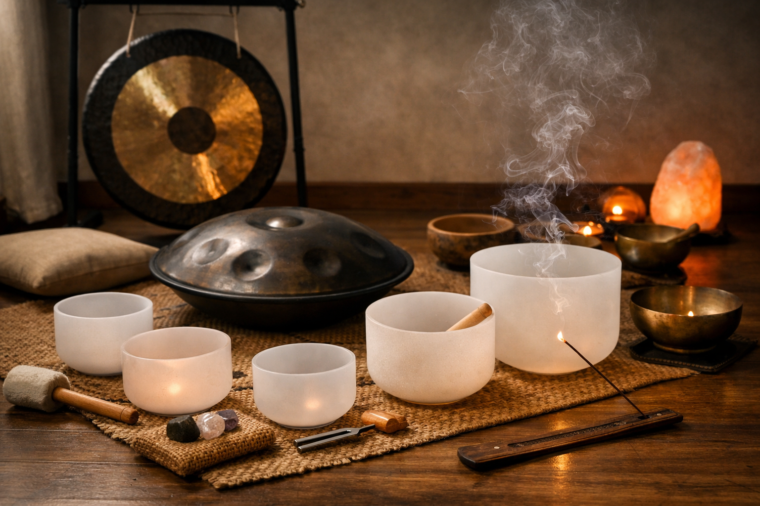 Collection of sound therapy and meditation instruments including crystal singing bowls, bronze gong, and handpan used for sound healing and relaxation.