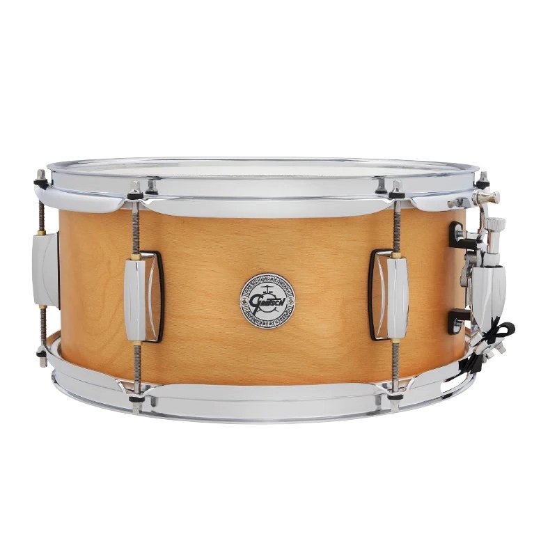 Gretsch 13" x 6" birch snare drum with a natural finish and chrome hoops, side view.