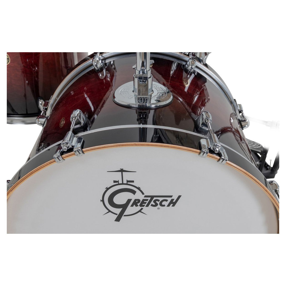 Gretsch Catalina Maple 7pc Shell Pack, Deep Cherry Burst Close up of 22" bass drum