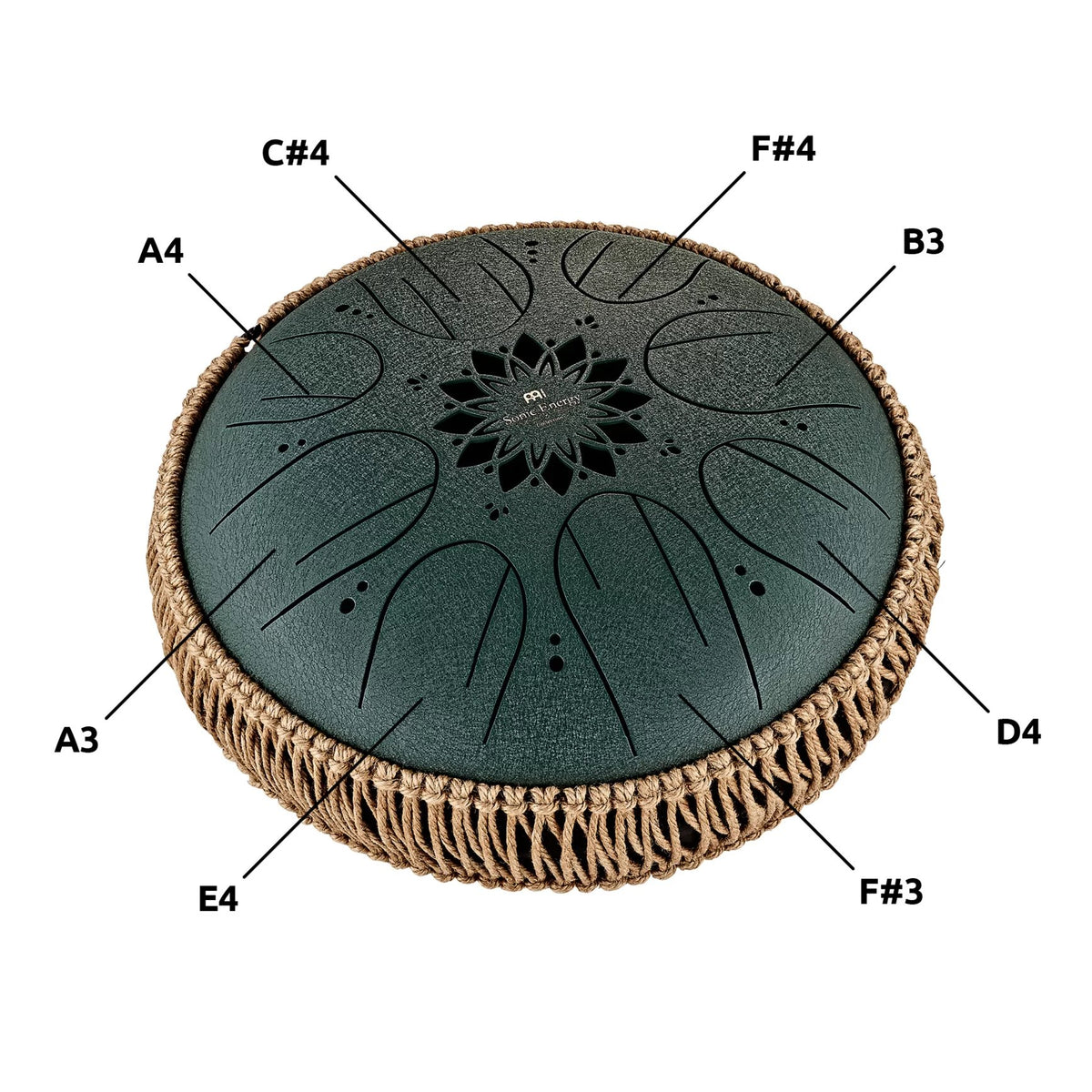 Meinl Dark Green Sonic Energy Medium Octave Steel Tongue Drum 10" - F# Minor/8 Notes Pitch Map MOSTD4DG