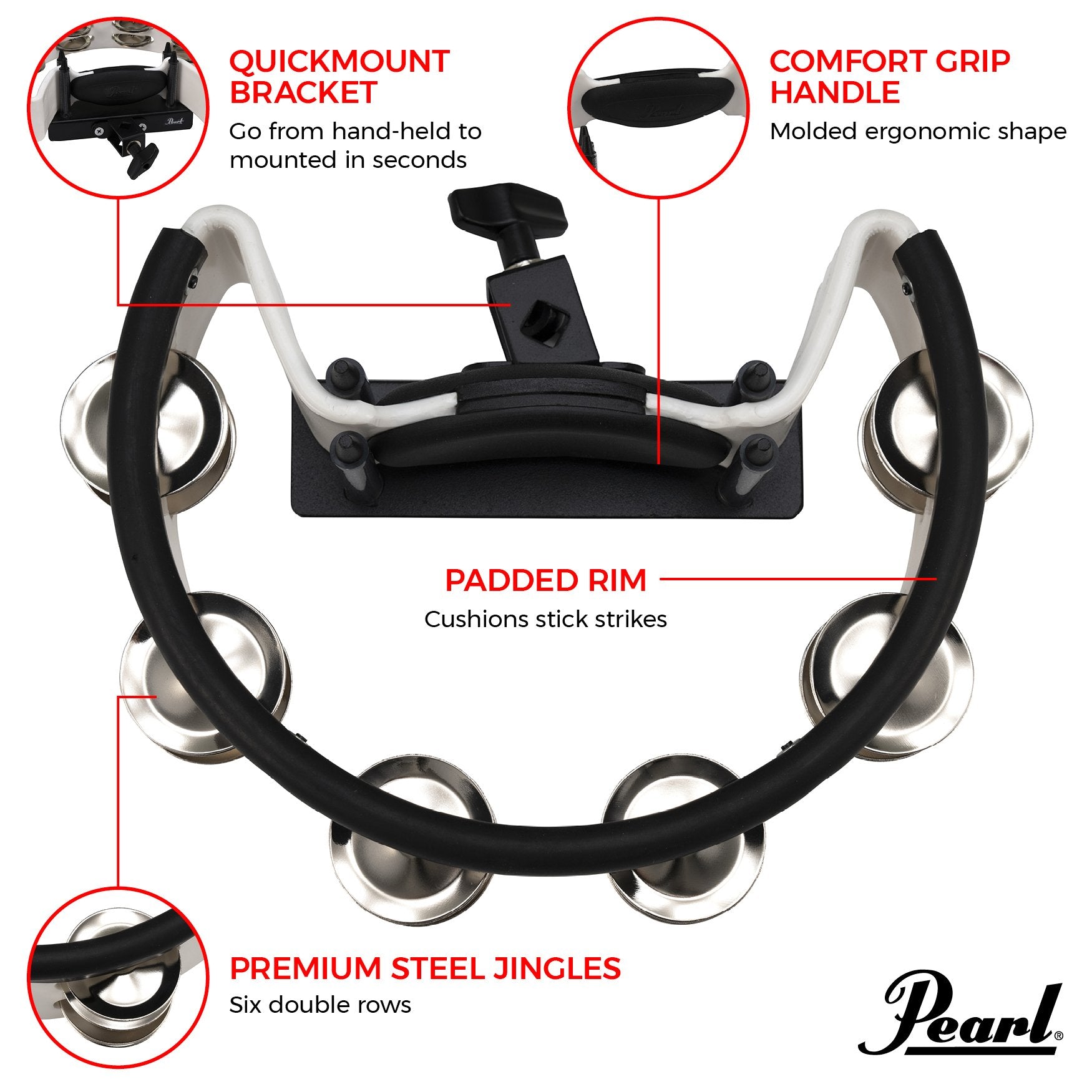 Pearl Percussion Tambourine - Steel Jingle - Image 2