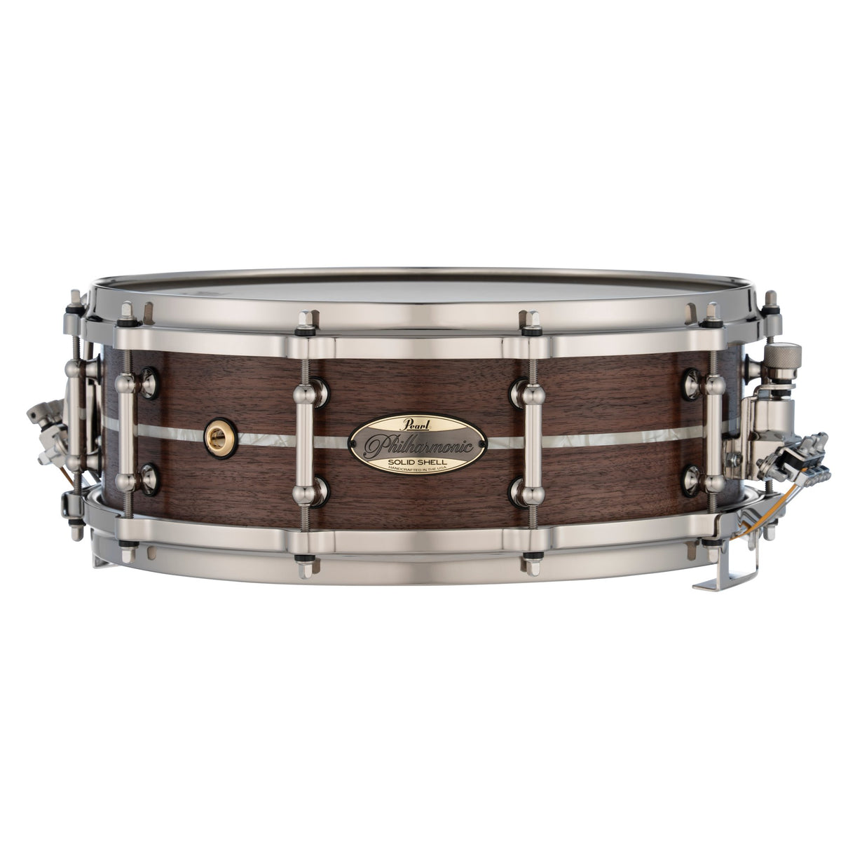 Pearl Philharmonic Solid Shell Walnut Concert Snare Drum - 14" x 5" - 45-degree Bearing Edges - Nicotine White Marine Inlay - Image 1