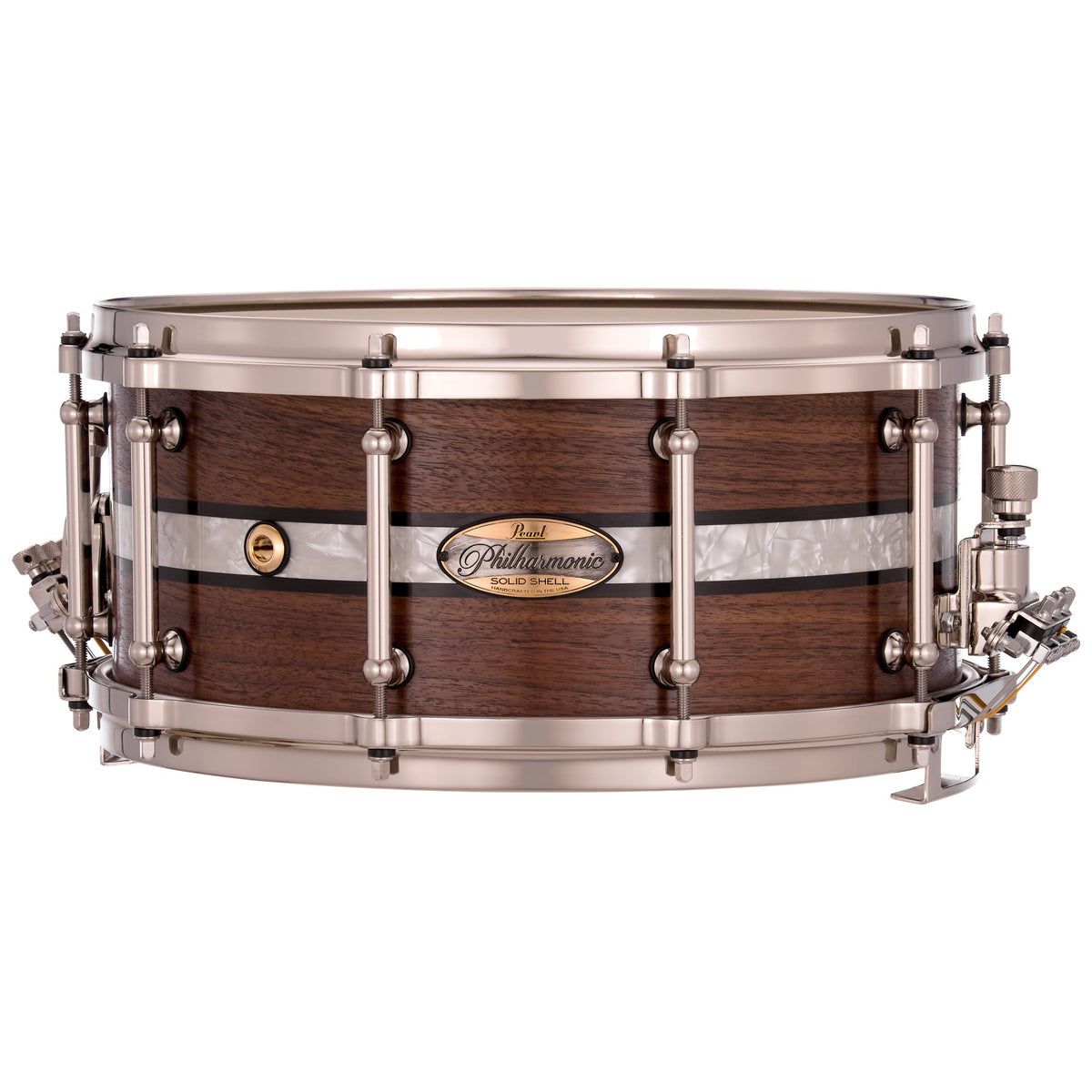 Pearl Philharmonic Solid Shell Walnut Concert Snare Drum - 14" x 6.5" - 45-degree Bearing Edges - Duoband Ebony Marine Inlay - Image 1