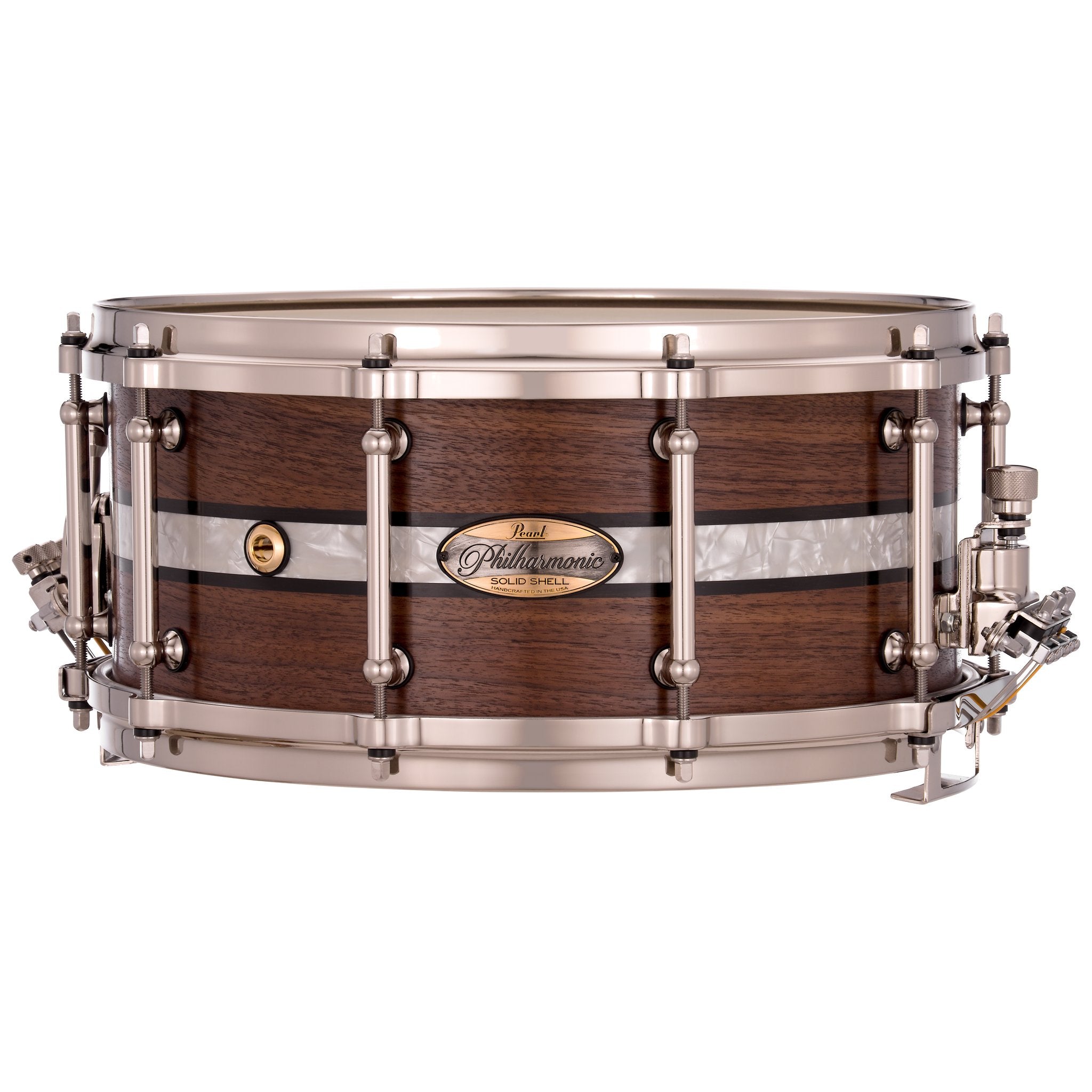 Pearl Philharmonic Solid Shell Walnut Concert Snare Drum - 14" x 6.5" - Fully-Rounded Bearing Edges - Duoband Ebony Marine Inlay - Image 1
