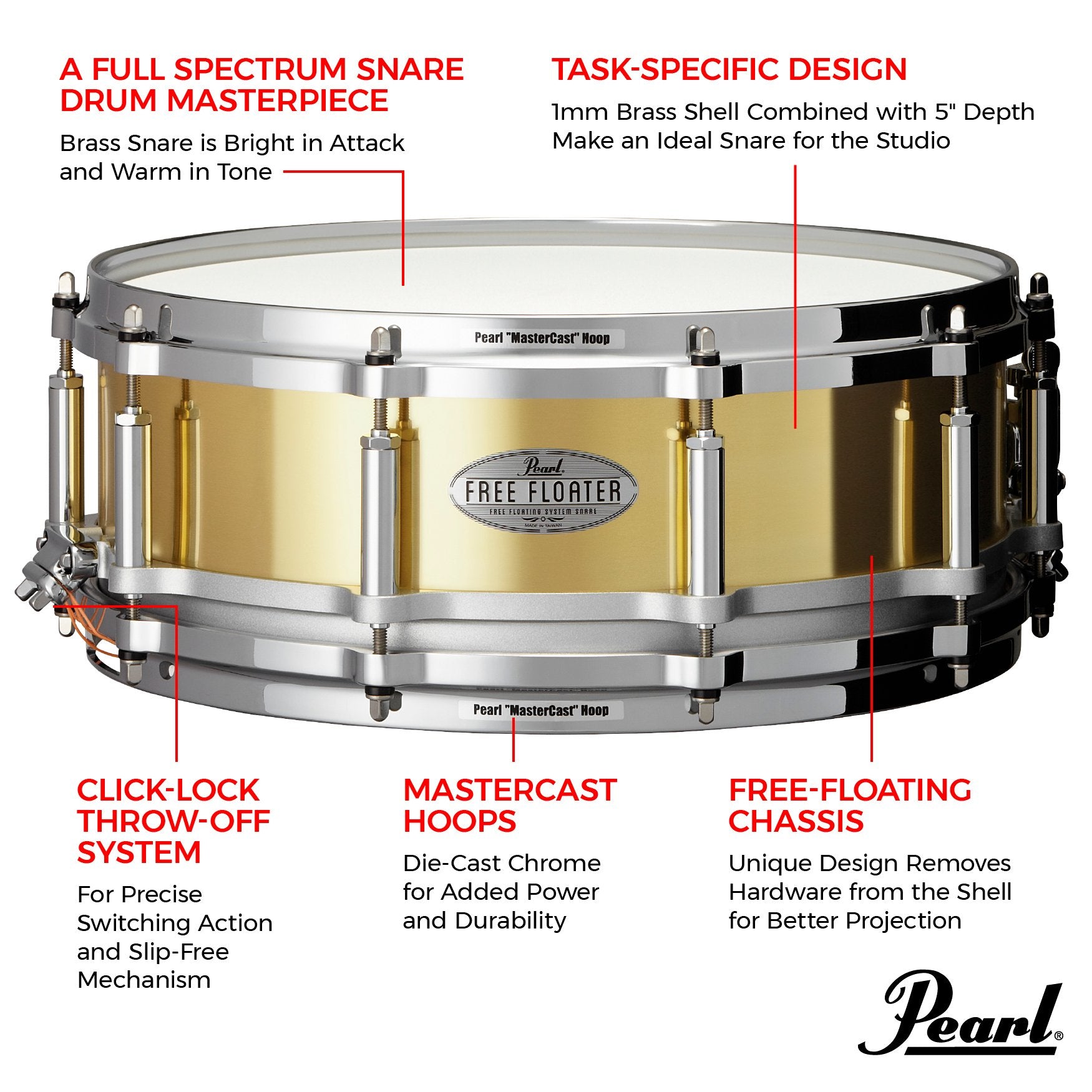 Pearl Task Specific Free Floating Brass Snare Drum - 14x5 - Image 3