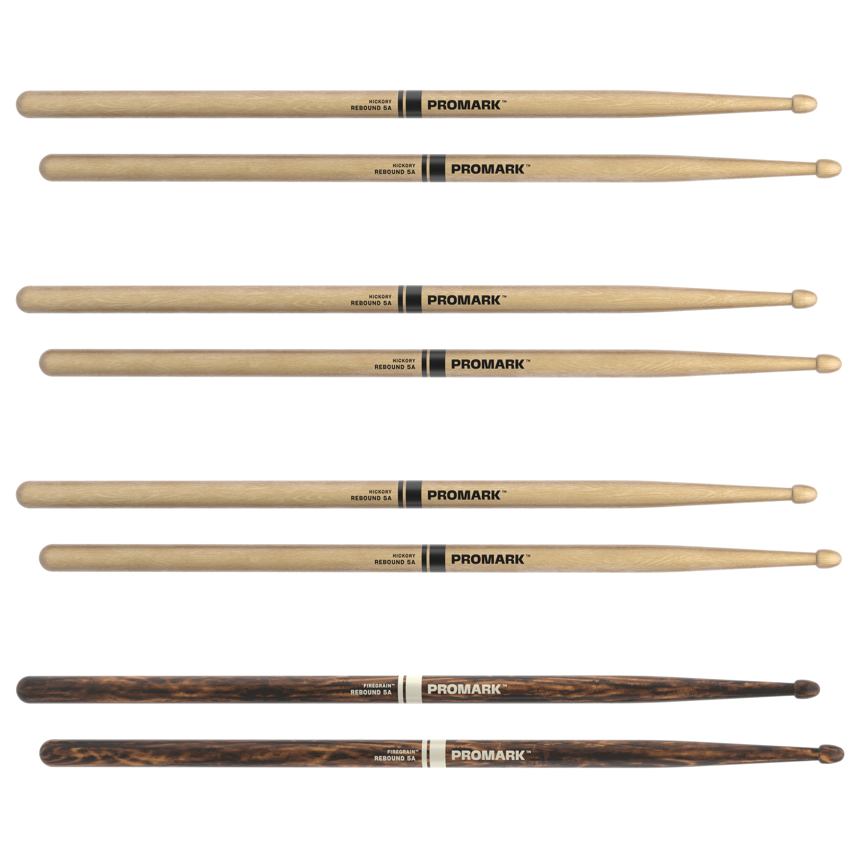 Promark Rebound Balance RBH565AW 5A Acorn Tip Drumsticks - 4 pack (3 Hickory and 1 Firegrain) - Image 2