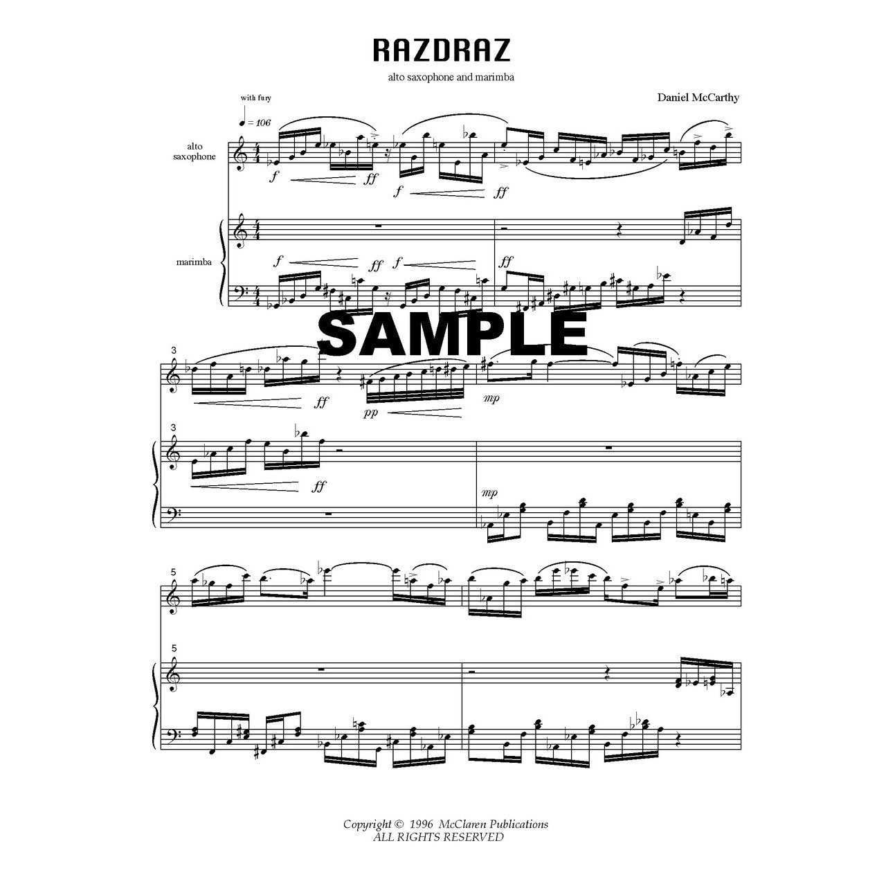 Razdraz Duet for Alto Sax and Marimba McCarthy Score Sample