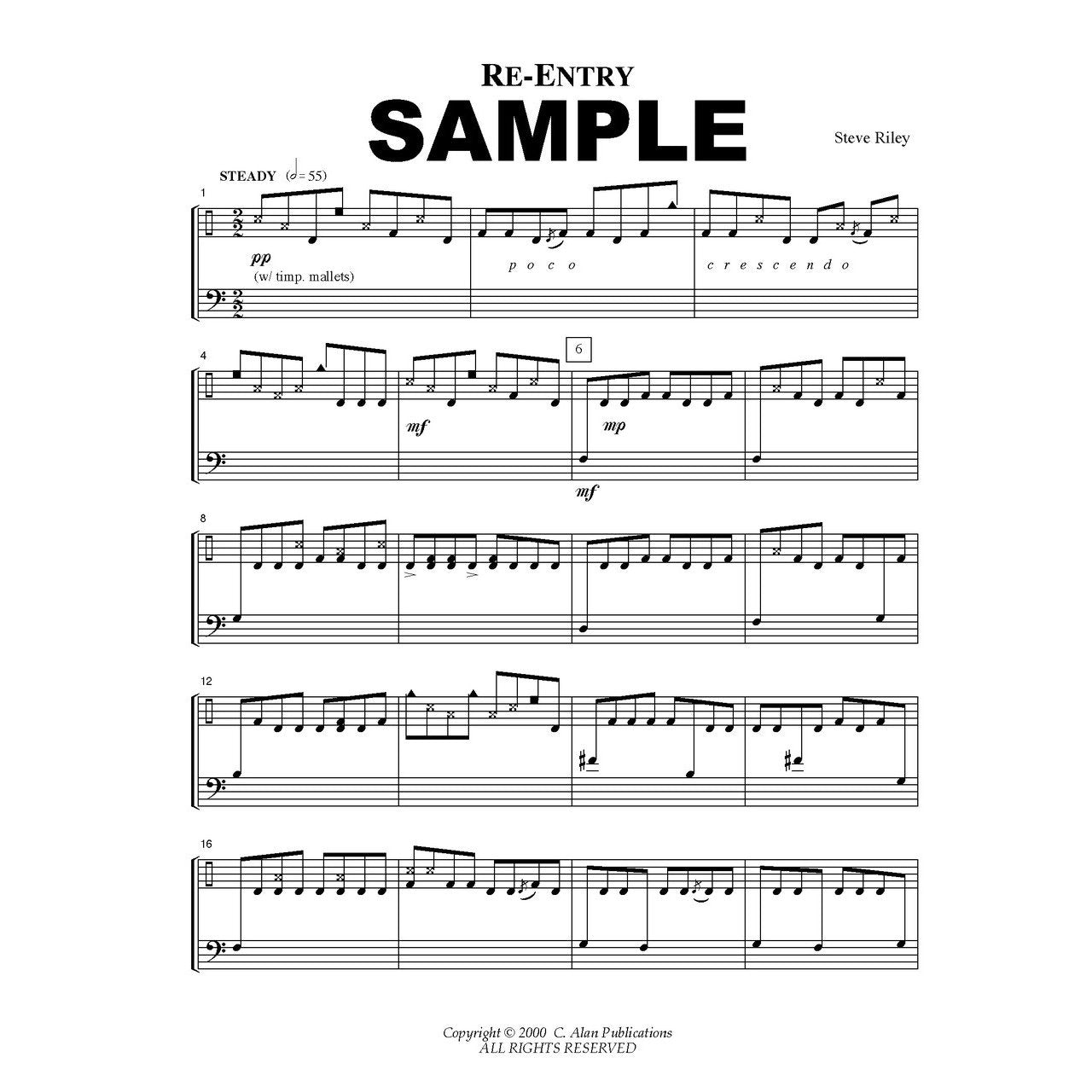 re-entry for multi-percussion solo by Steve Riley score example