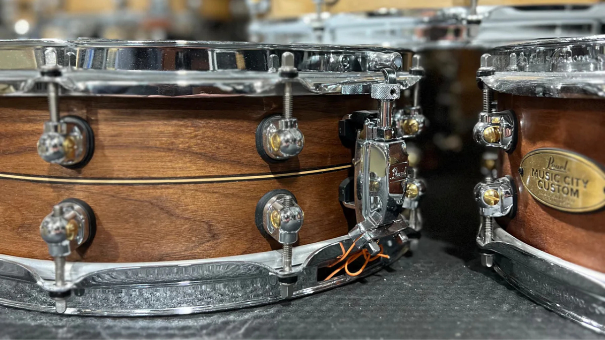 Two Pearl Music City Custom Snare Drums on display at their Nashville, TN, Headquarters