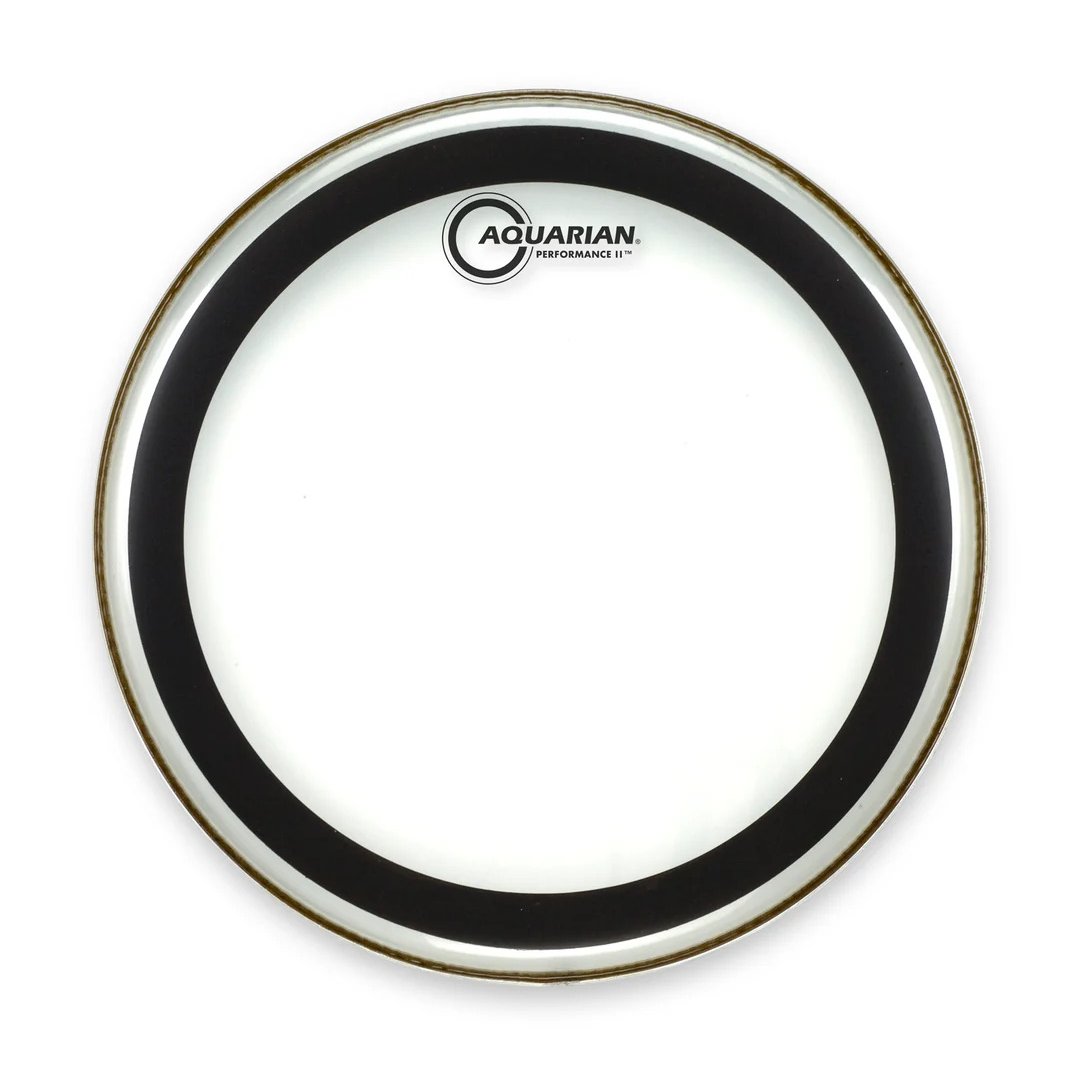 Aquarian 20-inch Performance II clear bass drumhead with an internal black dampening ring, shown from above.