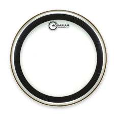 Aquarian 22-inch Performance II clear bass drumhead with an internal black dampening ring, shown from above.