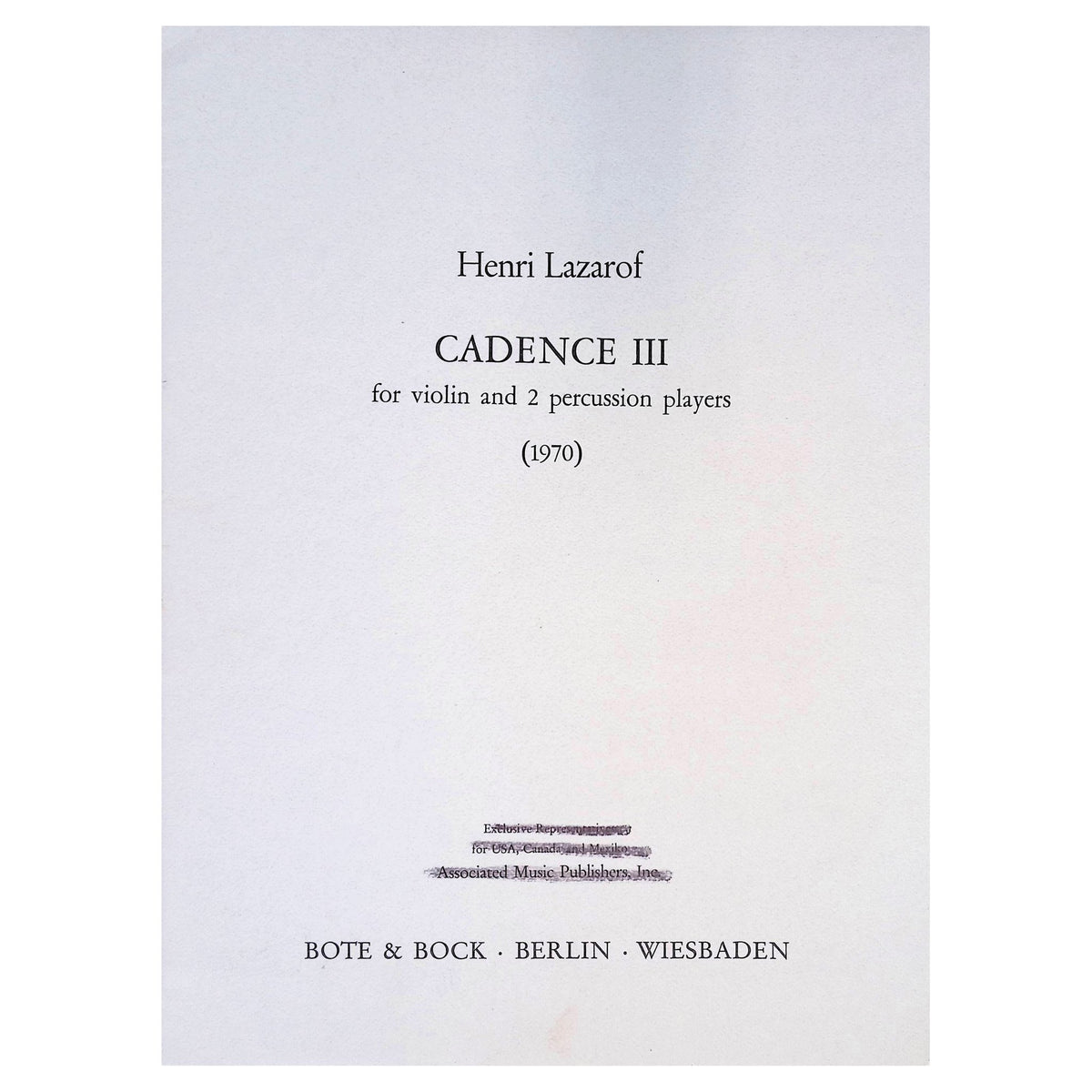 Cadence III for violin and 2 percussion players by Henri Lazarof