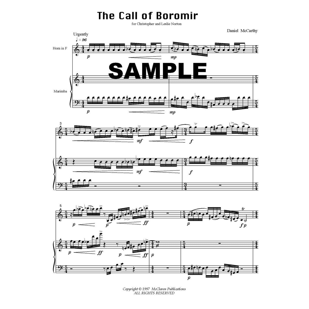 Call of Boromir Duet for Horn and Marimba by McCarthy  Score Sample