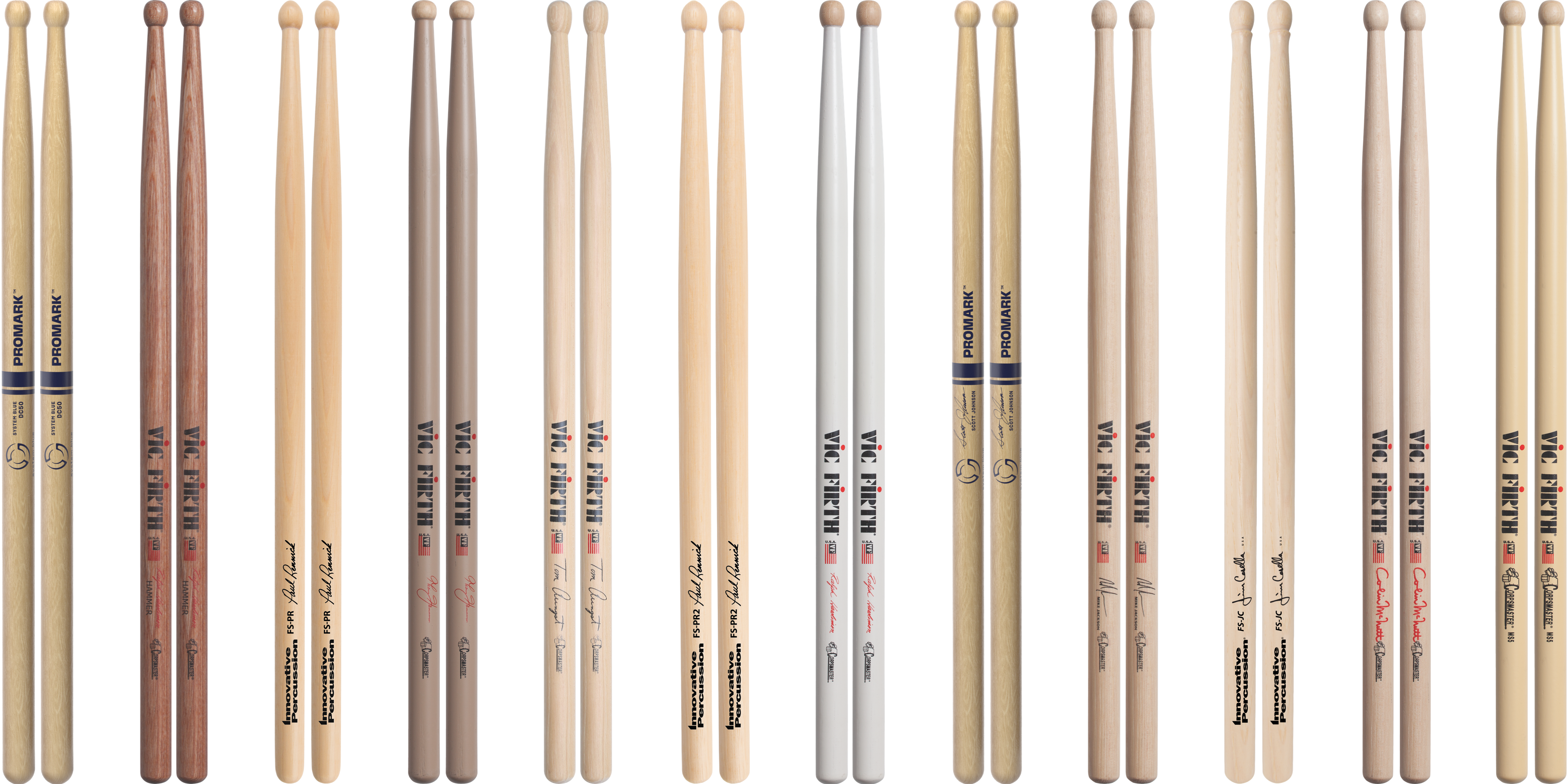 Marching Snare Drumsticks from Innovative Percussion, ProMark and Vic Firth arranged vertically.