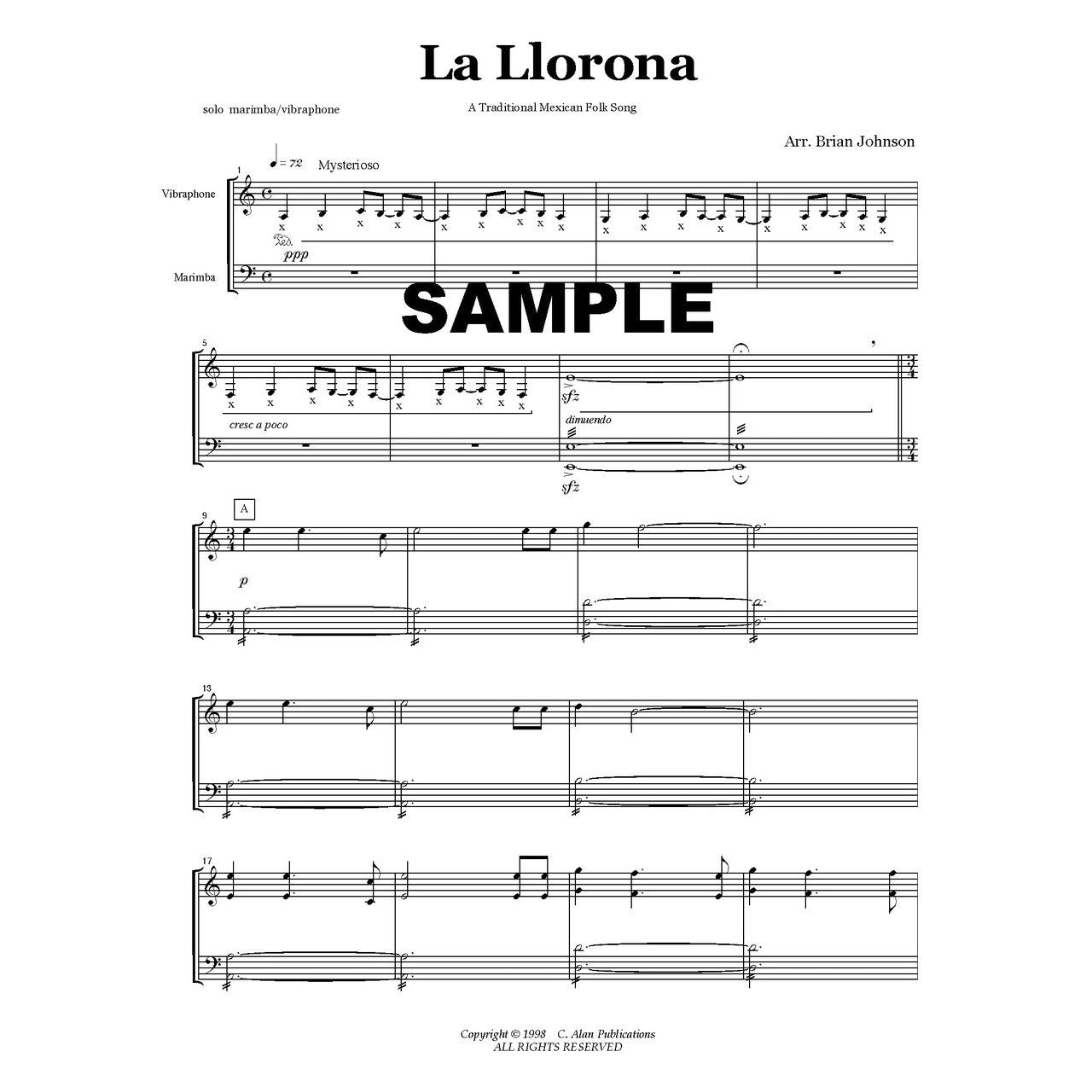 La Llorona arranged for marimba by Brian Johnson score example