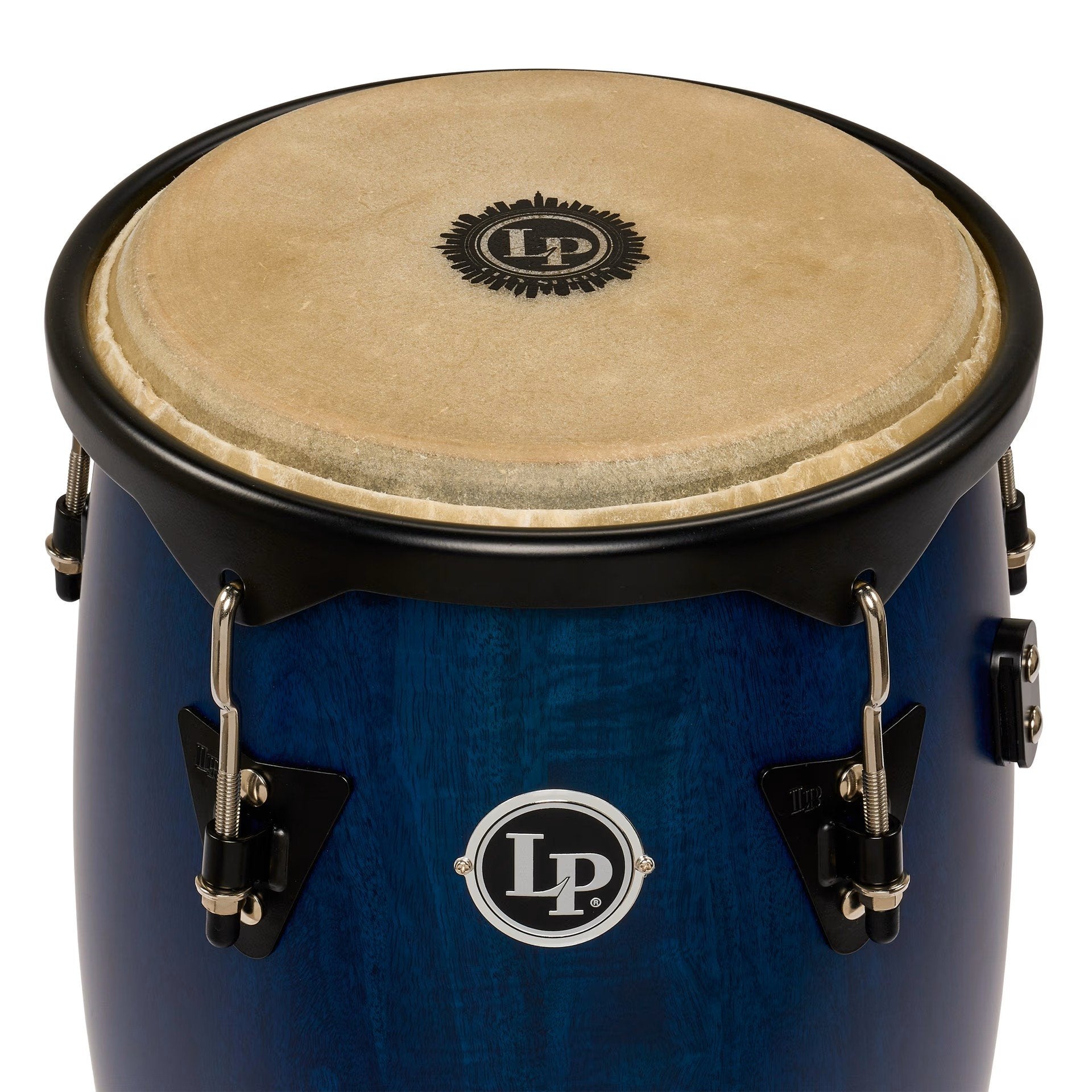 LP City II Blue conga top view of rawhide head with LP skyline logo