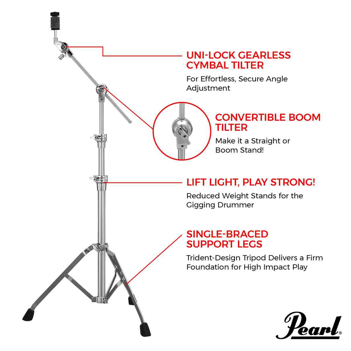 Pearl BC930S Single Braced Convertible Boom Cymbal Stand - Image 5