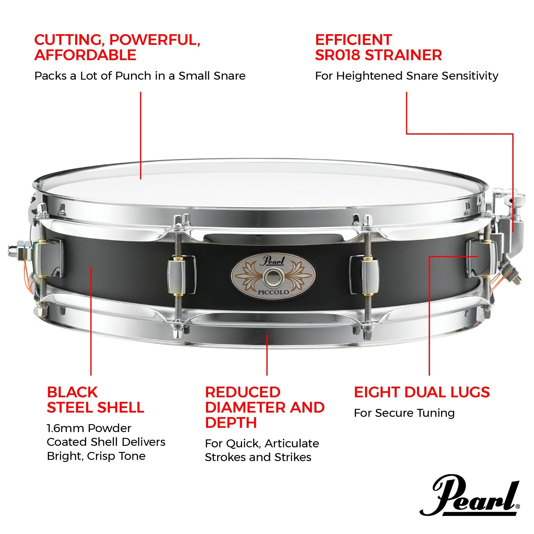 Pearl Black Steel Piccolo Snare Drum (S1330B) - 13x3 - Image 4
