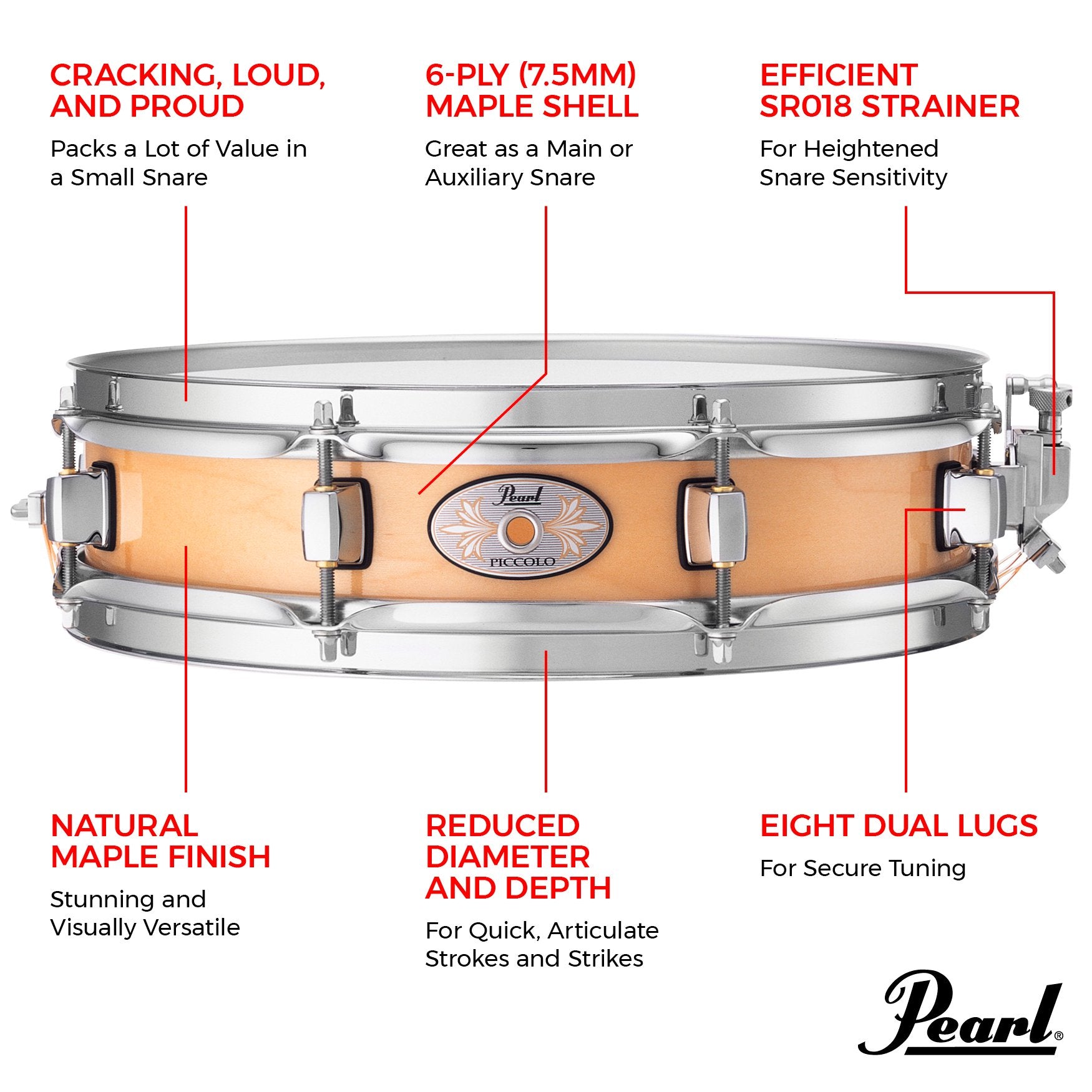 Pearl Maple Piccolo Snare Drum - 13" x 3" - Natural - Image 3