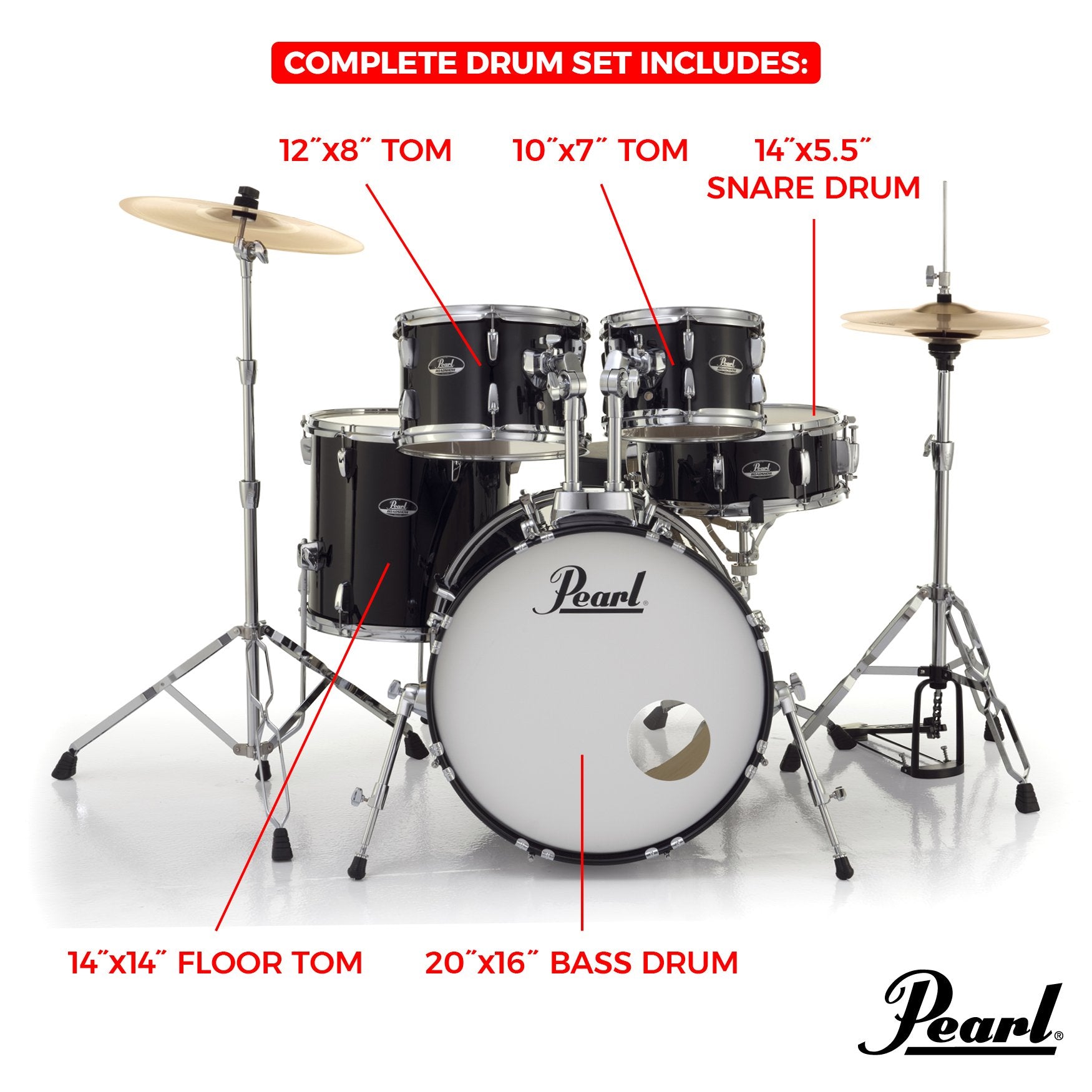 Pearl Roadshow 5-piece Drum Set with Hardware and Cymbals - 20" Bass Drum - Jet Black - Image 6