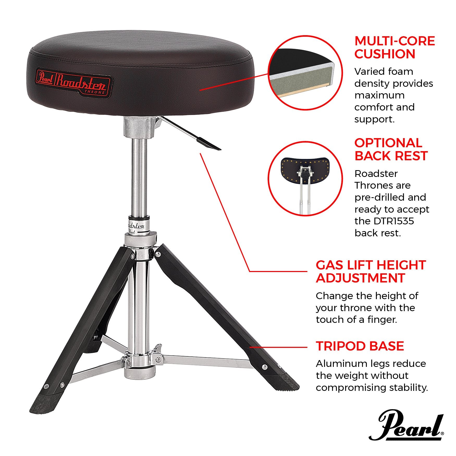 Pearl Roadster Multi-Core Round Gas Lift Drum Throne (D1500RGL) - Image 6
