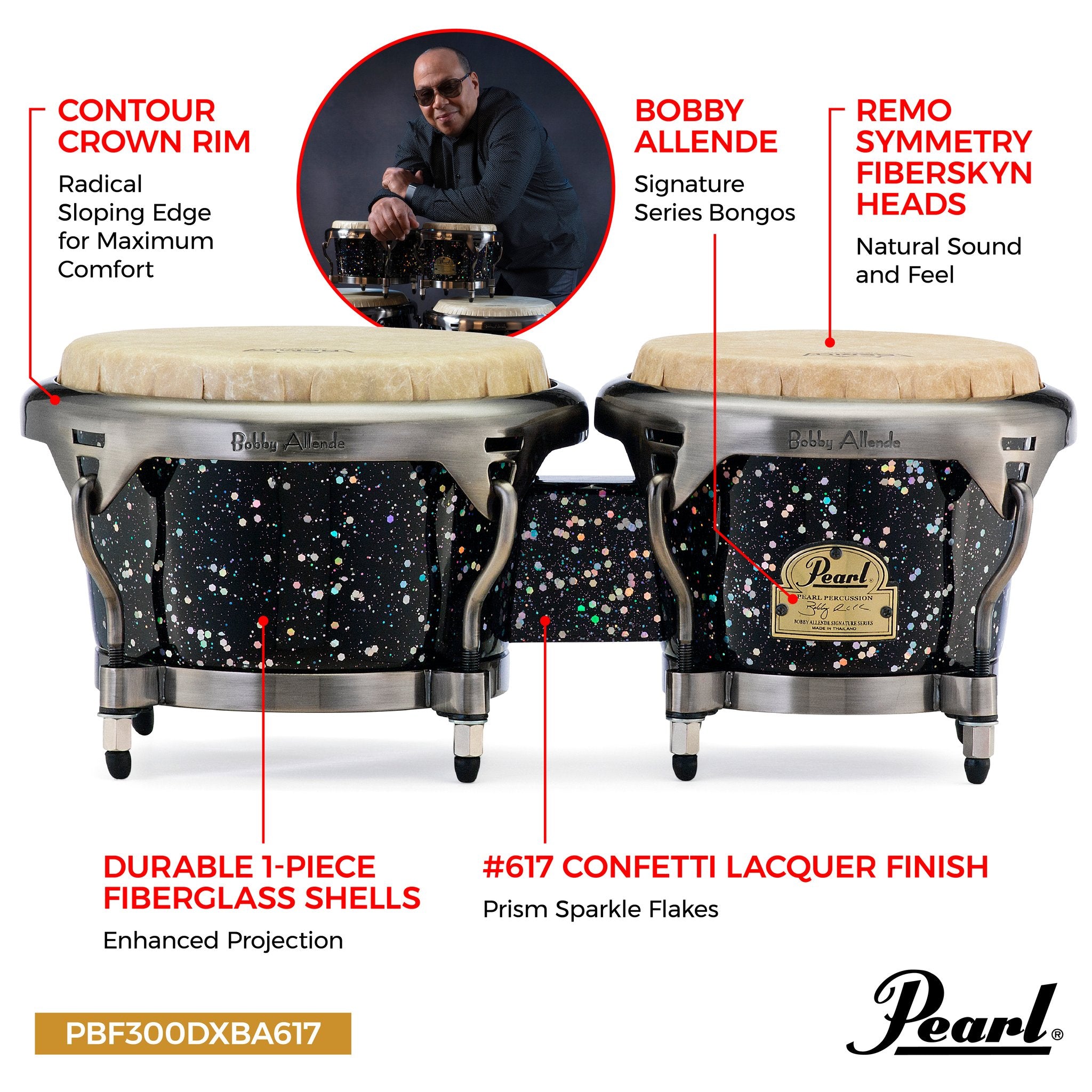 Pearl Signature Bobby Allende Fiberglass Bongos - Confetti - Image 3