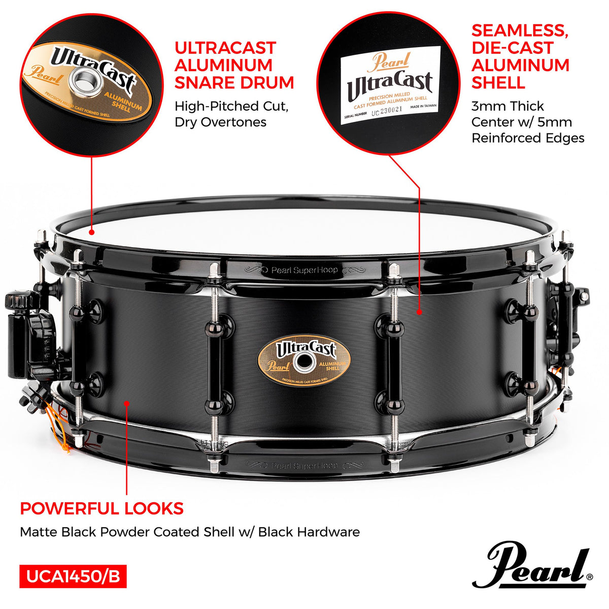Pearl Ultracast Snare Drum 14x5 Front Feature Diagram