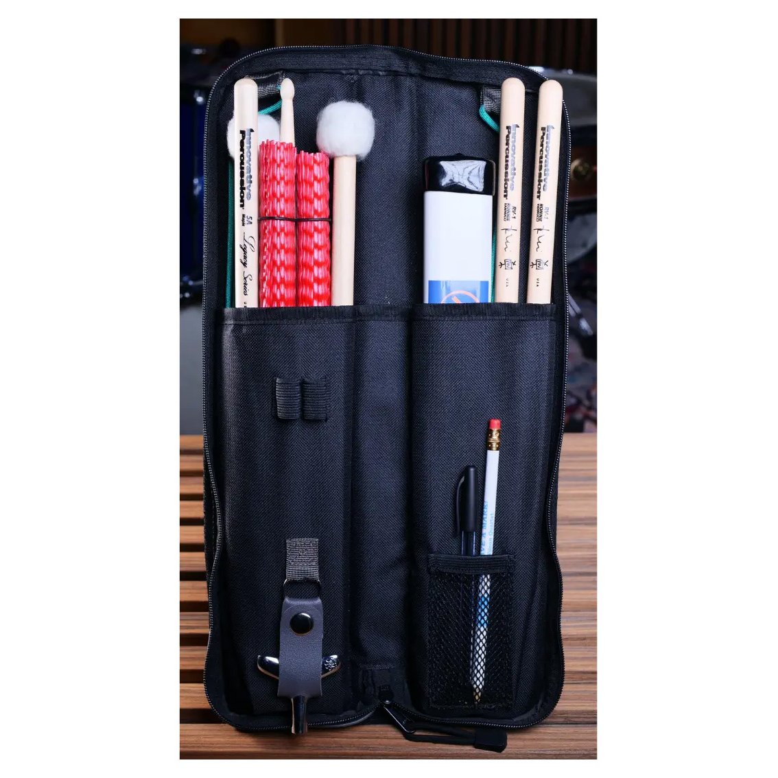 Stanislavski Brush Tube in stick bag with sticks and mallets
