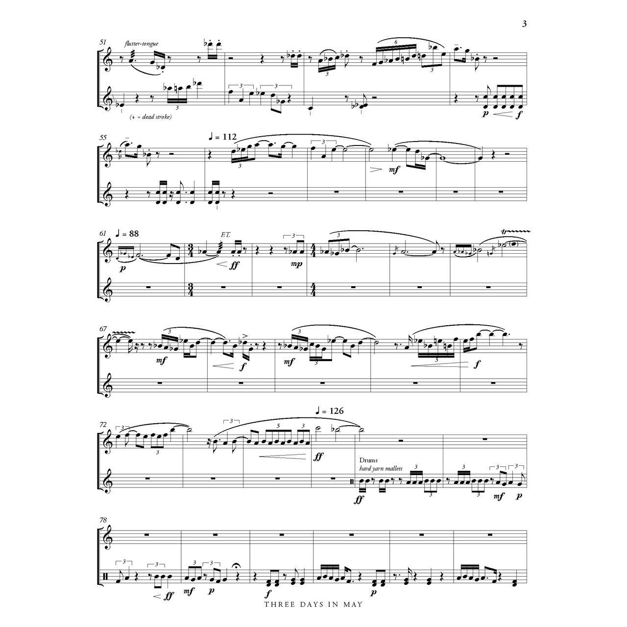 Three Days in May Duet for flute and percussion lynn glassock sample page